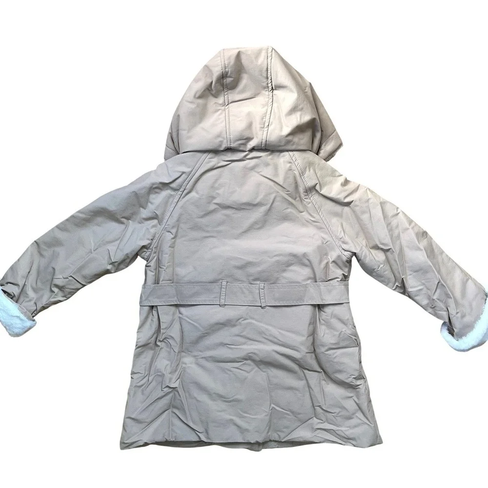 Mango Kids NEW‎ Girls Tan Faux Fur Trim Hooded Belted Parka Jacket Size 6